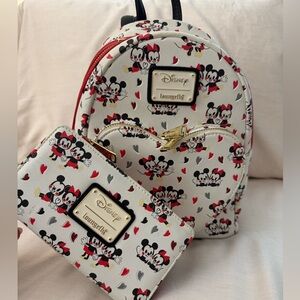 Loungefly Mickey Minnie Love Heart AOP Mini Backpack + Wallet Valentine Couple